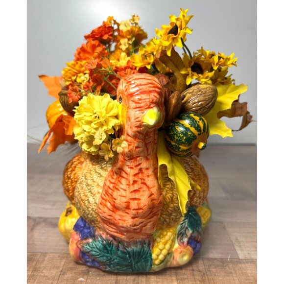 Ceramic Turkey Centerpiece With Faux Flowers & Gourds - Picture 2 of 4